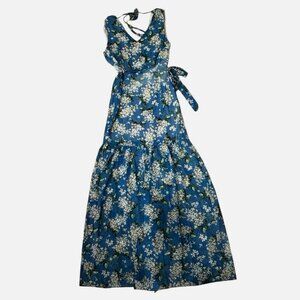 Dress Forum Womens Small Blue Floral Fit & Flare Sleeveless Slit Belt Maxi Dress